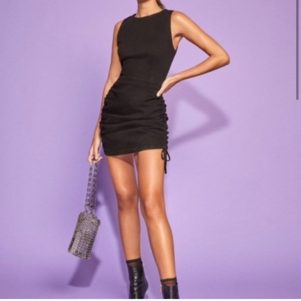 RARE REFORMATION JEANS BLACK GIGI DENIM MINI RUCHED BACK ZIPPER FITTED DRESS